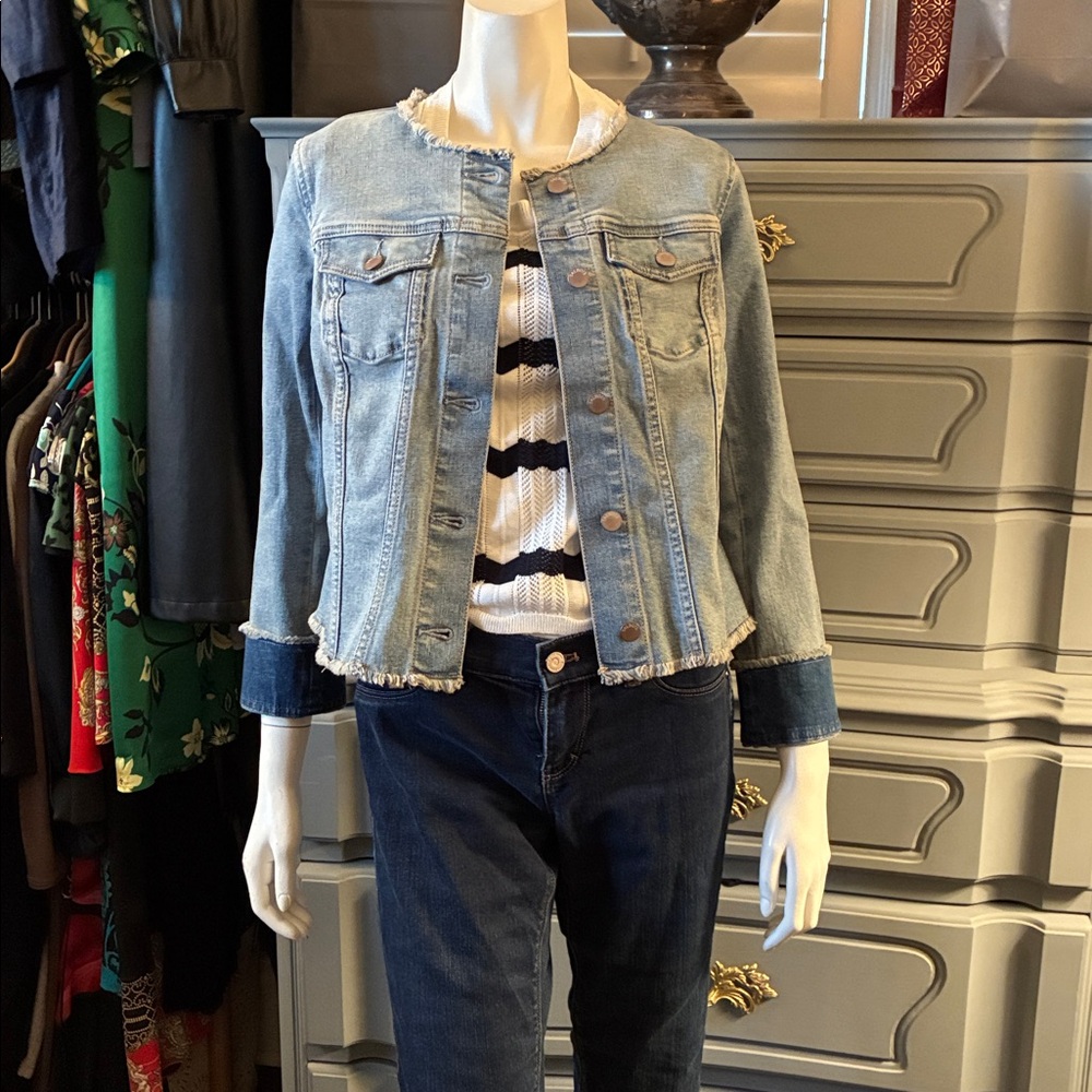 Talbots stretch Denim Jacket with Frayed Details and contrast cuffs XS